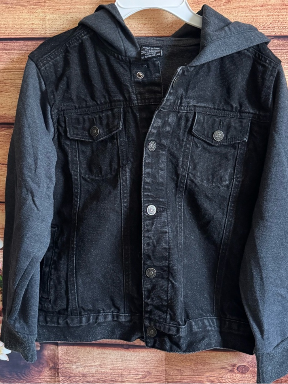 Boys Black Denim Jacket Hoodie Ring of Fire Size L - Picture 4 of 6